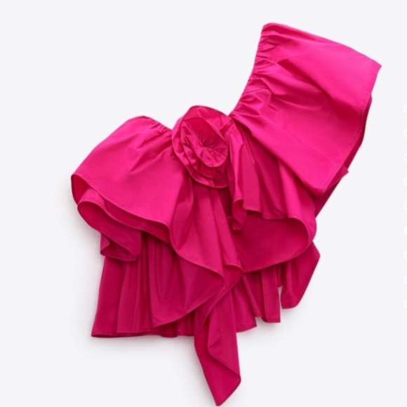 NWT Zara Fuschia Pink Voluminous Asymmetric One Shoulder Ruffled Crop Top - M - Picture 2 of 16